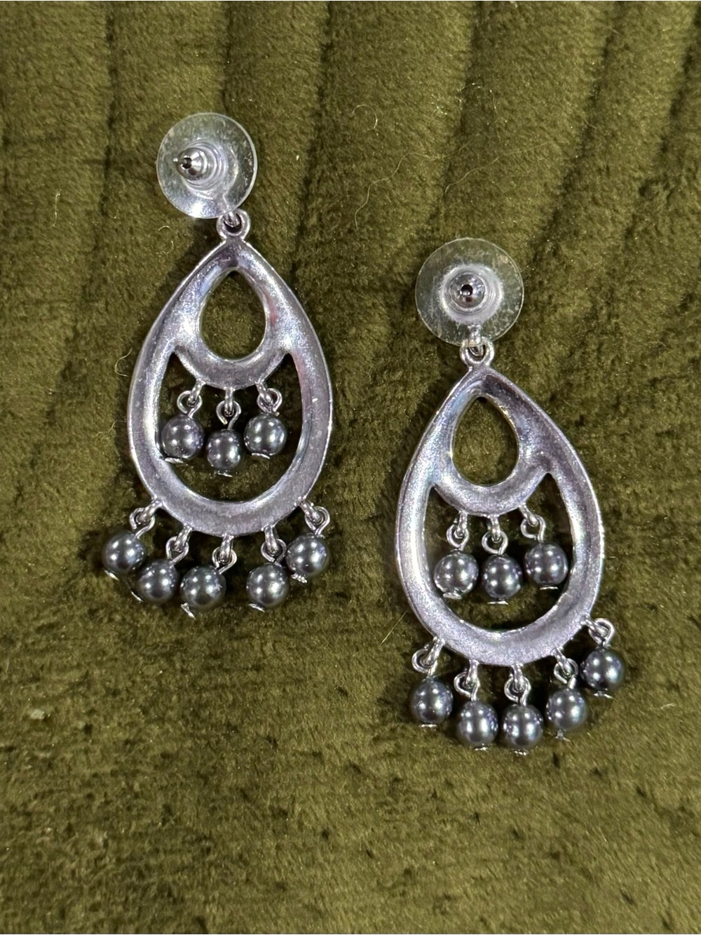 Silver and Gunmetal Bead Teardrop Dangle Earrings w/ Rhinestones- Glam! - Picture 3 of 4
